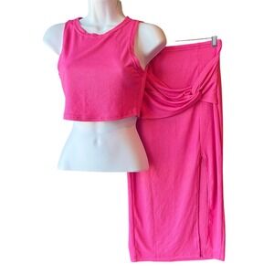Skue Pink Ribbed Crop Top Midi Skirt Set Bodycon Matching Set Size Small